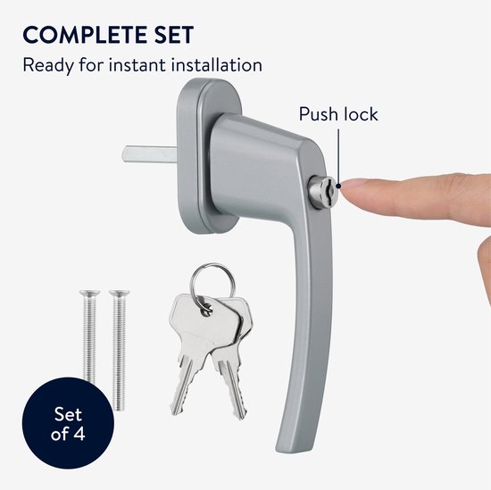Faankiton 4 stuks raamgrepen met slot met 4 sleutels, handvat met slot voor ramen van aluminium, universele spadgreep, spindellengte: 43 mm (zwart