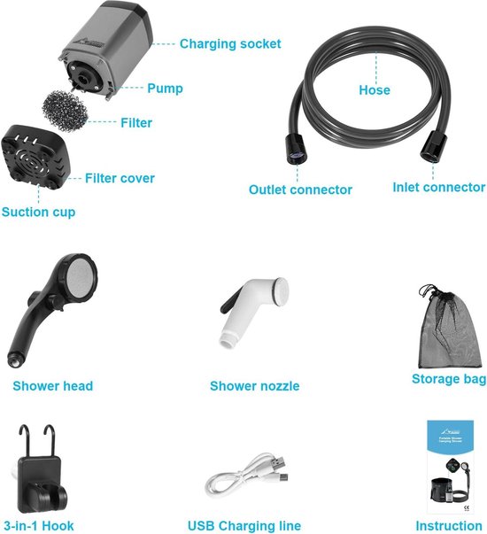 WADEO Draagbare Douche voor Camping, 6000mAh Oplaadbare Camping Douchepomp met Kampeerlamp, 20L Emmer, IPX8 Waterdicht, 5 Drukstanden Outdoor Douchepomp voor Wandeltochten, Reizen, Huisdieren