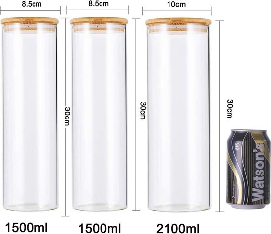 Lot de 3 bocaux de conservation avec Ring en silicone et couvercles en Bamboo 1500 ml x 2/2100 ml – Récipients de Kitchen en verre Air pour céréales – Jam , pâtes, spagti, grains de Coffee , cookies, collations, pot de farine