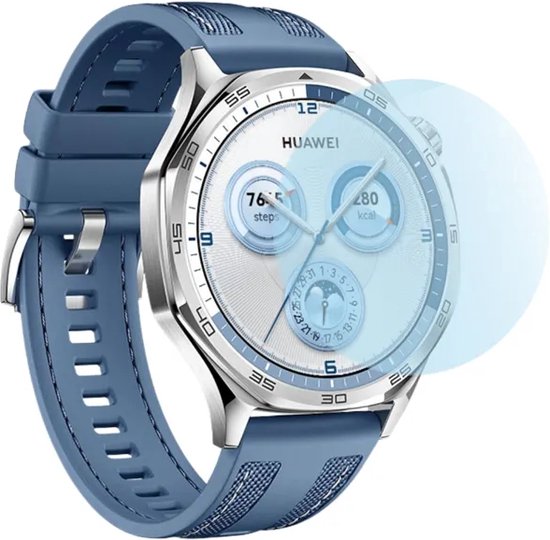 Blauwe Huawei Watch GT met een zilveren rand. Weergave toont 765 stappen en 280 kcal.