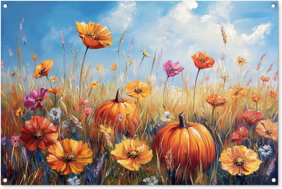 Foto: Tuinposter 120x80 cm tuindecoratie bloemen herfst pompoen natuur landschap poster voor in de tuin buiten decoratie schutting tuinschilderij tuindoek muurdecoratie wanddecoratie balkondoek