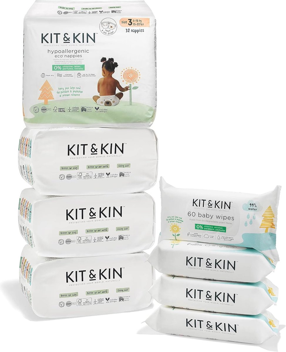 Goedkoopste Duurzame Hypoallergene Luiers en Waterdoekjes | Starter Pack Maat 3 | 128 Luiers en 240 Biologisch Afbreekbare Doekjes