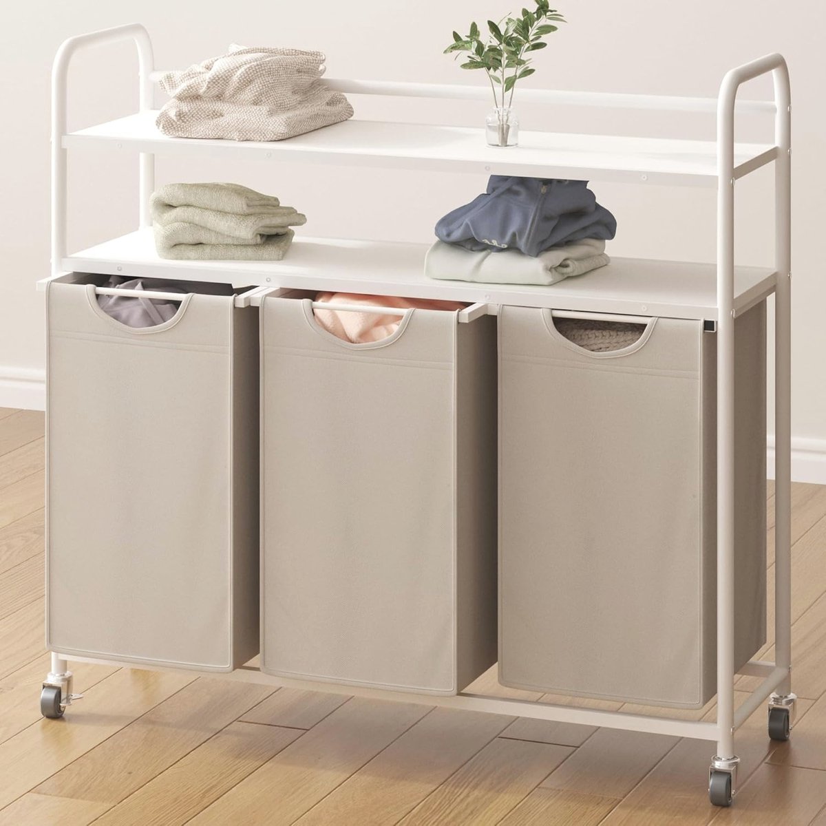 Goedkoopste Wit Wasmand met 3 Vakken en Planken - 138L Capaciteit voor Badkamer en Bijkeuken