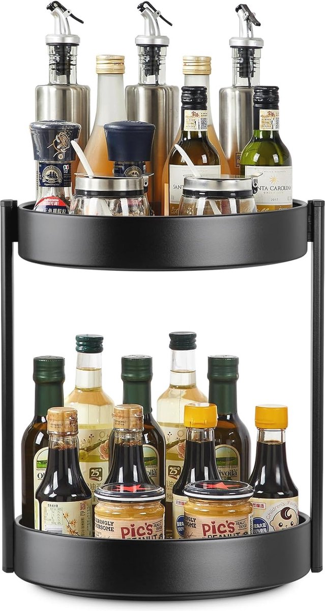 Draaiplateau Organizer 2 Etages - Keukenorganizer - 25,8 cm - Zwart - Ideaal voor Koelkast, Badkamer en Eetkamer