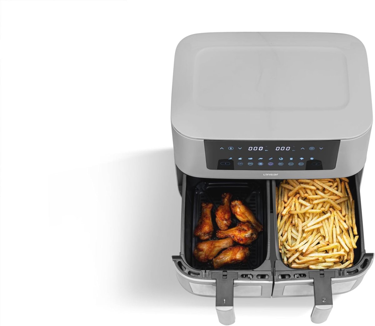 Afbeelding 3 van Linsar Dubbele Airfryer XXL - Twee Kookvakken - 8 Liter - Digitale Thermometer - 3040Watt - Dual Zone Technologie - Duo Airfryer - Grijs