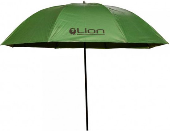 Groene paraplu met 'Lion' logo en een leeuwenkop, op een witte achtergrond.