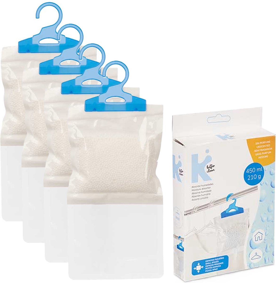 Bol.com Vocht opnemende korrels 450 gram - 4x - Tegen schimmel/condens/geur - kledingkasten - vochtvanger aan ophang haak - 12 x... aanbieding