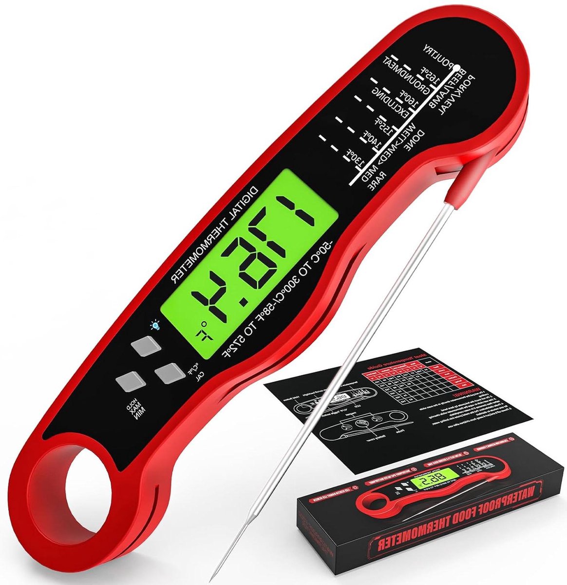 Vleesthermometer Keukenthermometer Digitaal Snel en nauwkeurig aflezen voor koken snoep buiten grillen waterdichte achtergrondverlichting vasthoud functie Rood