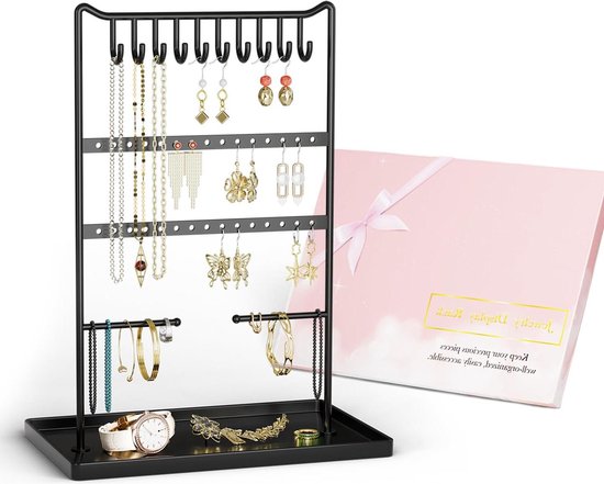 Amexo 2 Tier Roterende Sieraden Display Stand Sieraden Boom Stand Organizer Zwarte Sleutelhanger Display Rack Sieraden Roterende Display Houder Spinner Display Stand voor Vrouwen Meisjes Kettingen