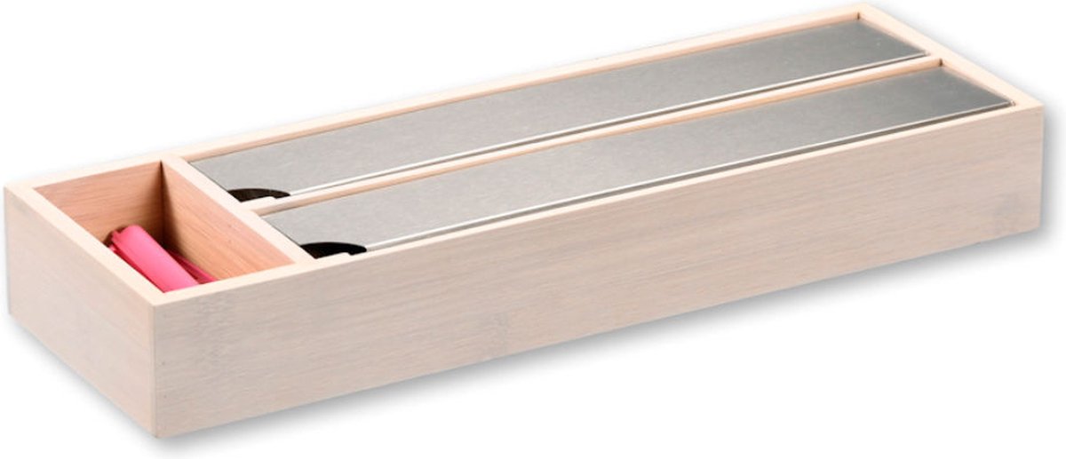 FSC® Keuken Foliedispenser voor 2 Rollen folie - Wit FSC® Bamboe Hout - Met 1 Opbergvakje - Keuken lade Folie dispenser voor aluminium- & huishoudfolie