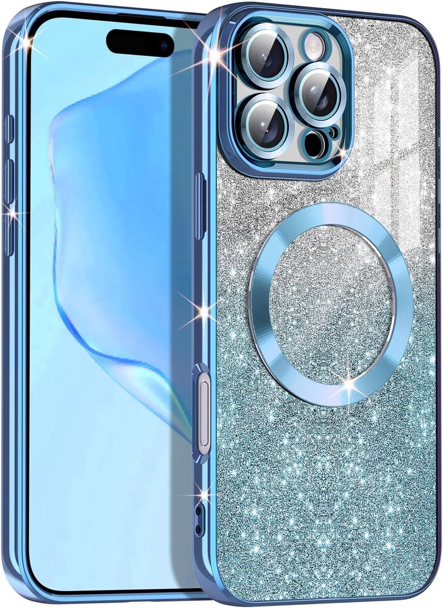 LeYi IPhone 16 Pro Max Hoesje – Met 2x Gehard Glas – Glitter Diamond Zand – Siliconen Bumper – Paars-blauw Kleurverloop – 6,9 Inch