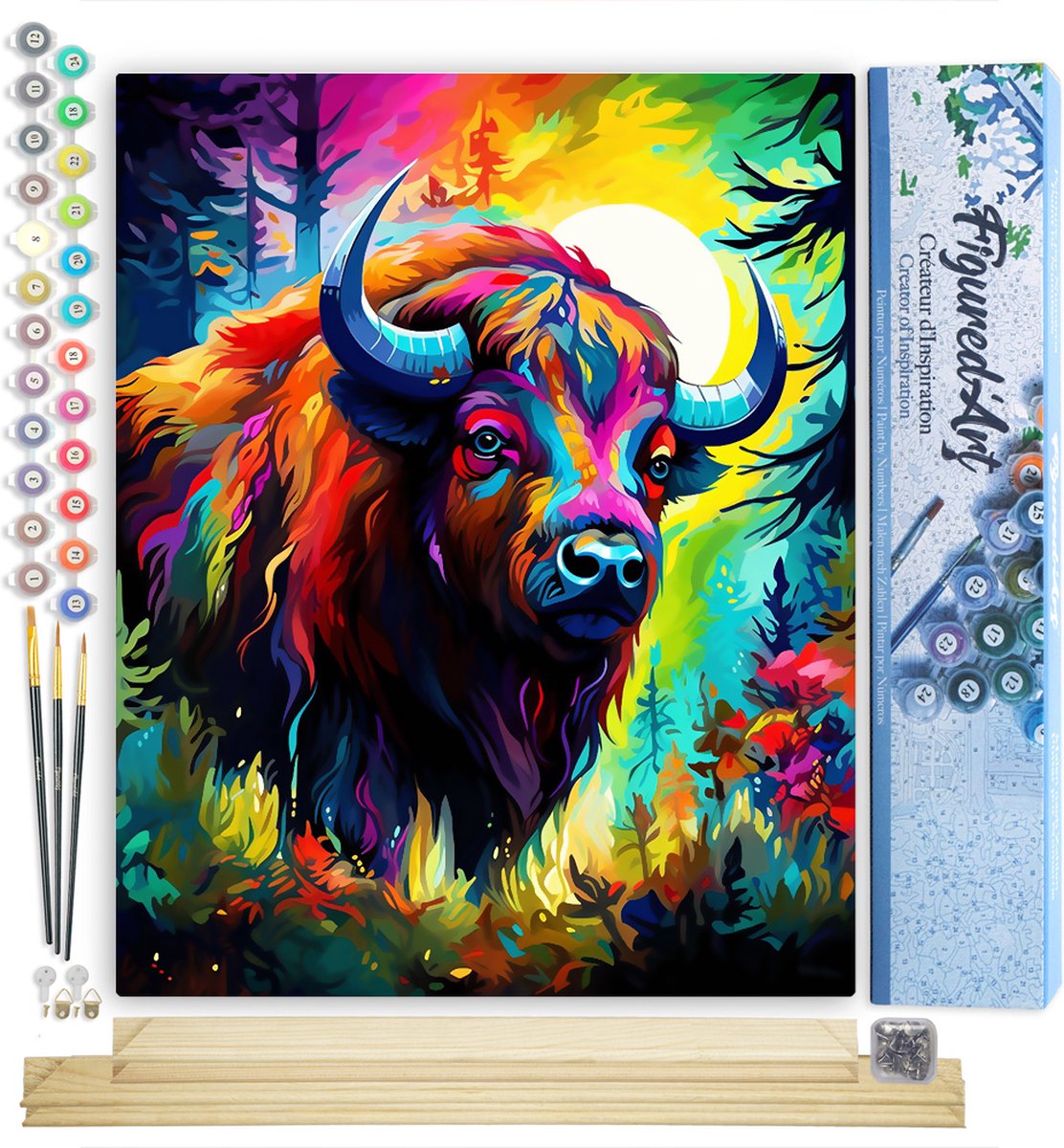 Figured'Art Schilderen op Nummer Volwassenen canvas Kleurrijke Abstracte Bison- Handwerk acrylverf Kit DIY Compleet - 40x50cm met DIY houten lijst