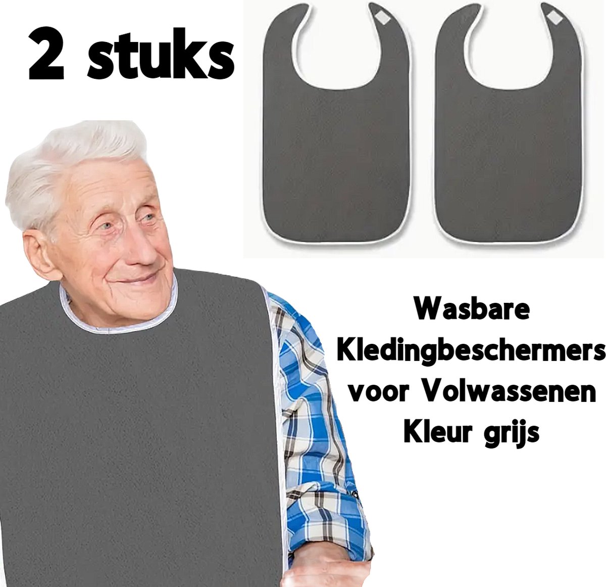 Goedkoopste Allernieuwste.nl® SET 2 STUKS Badstof Slabber voor Volwassenen GRIJS - Slab voor Senioren - Ouderen Servet - Schort Gehandicapten - Kledingbeschermers - Grijs 2x