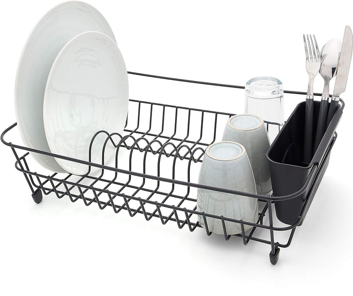 Goedkoopste Afdruiprek roestwerend droogrek - Zwart met zwarte bestekmand bordenrek