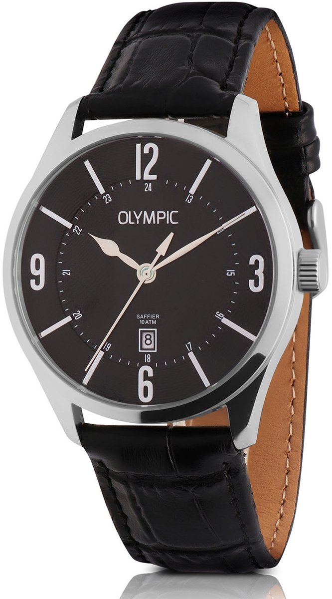 Olympic OL72HSL078 Jurgen Heren Horloge - Saffierglas - Staal-Leer - Zilverkleurig-Zwart - 42 mm breed - Quartz - Gesp - 10 ATM (zwemmen)