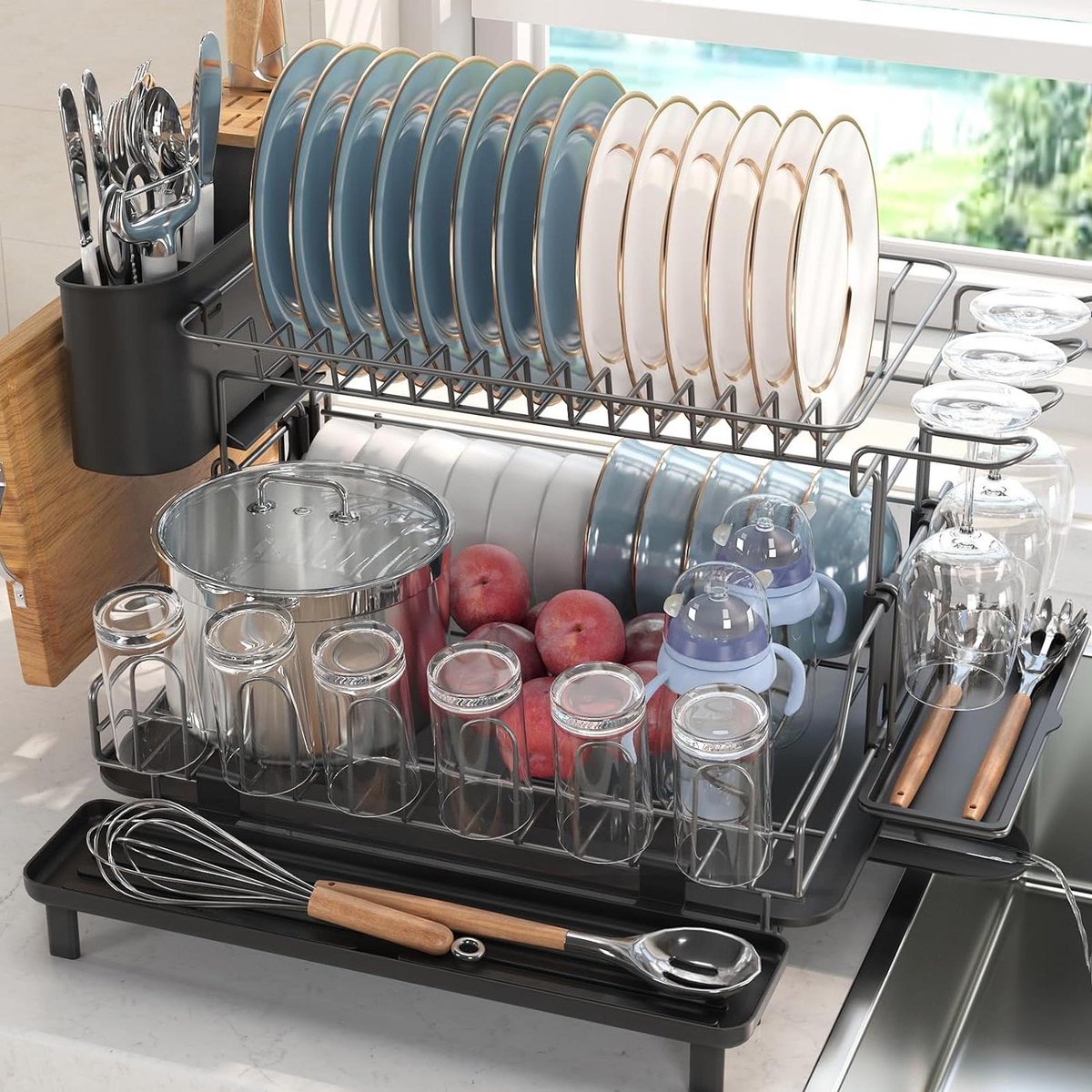 Goedkoopste Afdruiprek aluminium zwart met bestekhoudermand - roestbestendig - groot - keukenwerkblad - kopjeshouder - 2 niveaus afdruiprek met lekbak inklapbaar