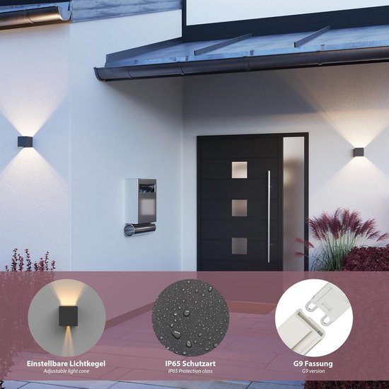 2 x CUBEL wandlamp voor buiten, IP65, up & downlight, antraciet mat, rechthoekig, 1x G9 max. 10W