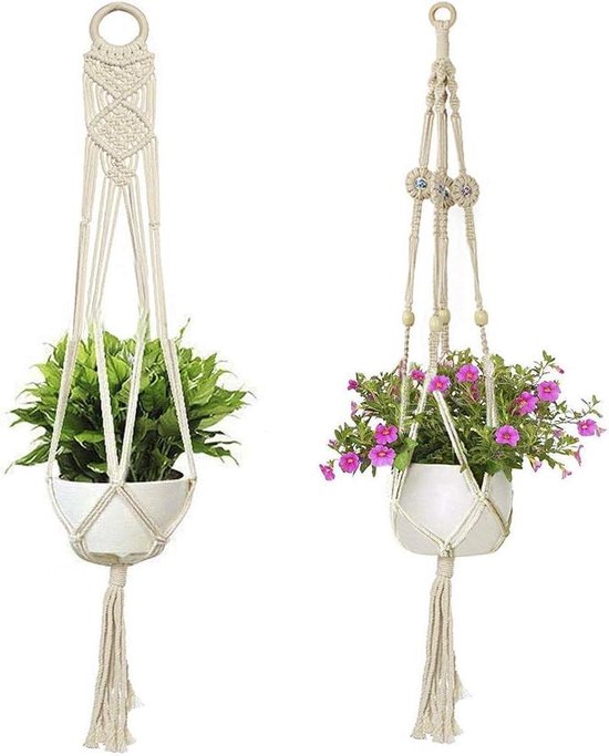 Macramé plantenhangers, hangende bloempothouder, hangpot voor planten met katoenen touw voor binnen en buiten, plafond, balkon, wanddecoratie, 88/90/92 cm, wit