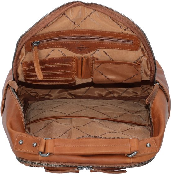 Open bruine leren rugzak met beige voering met logo-print. Bevat diverse vakjes en een ritsvak.