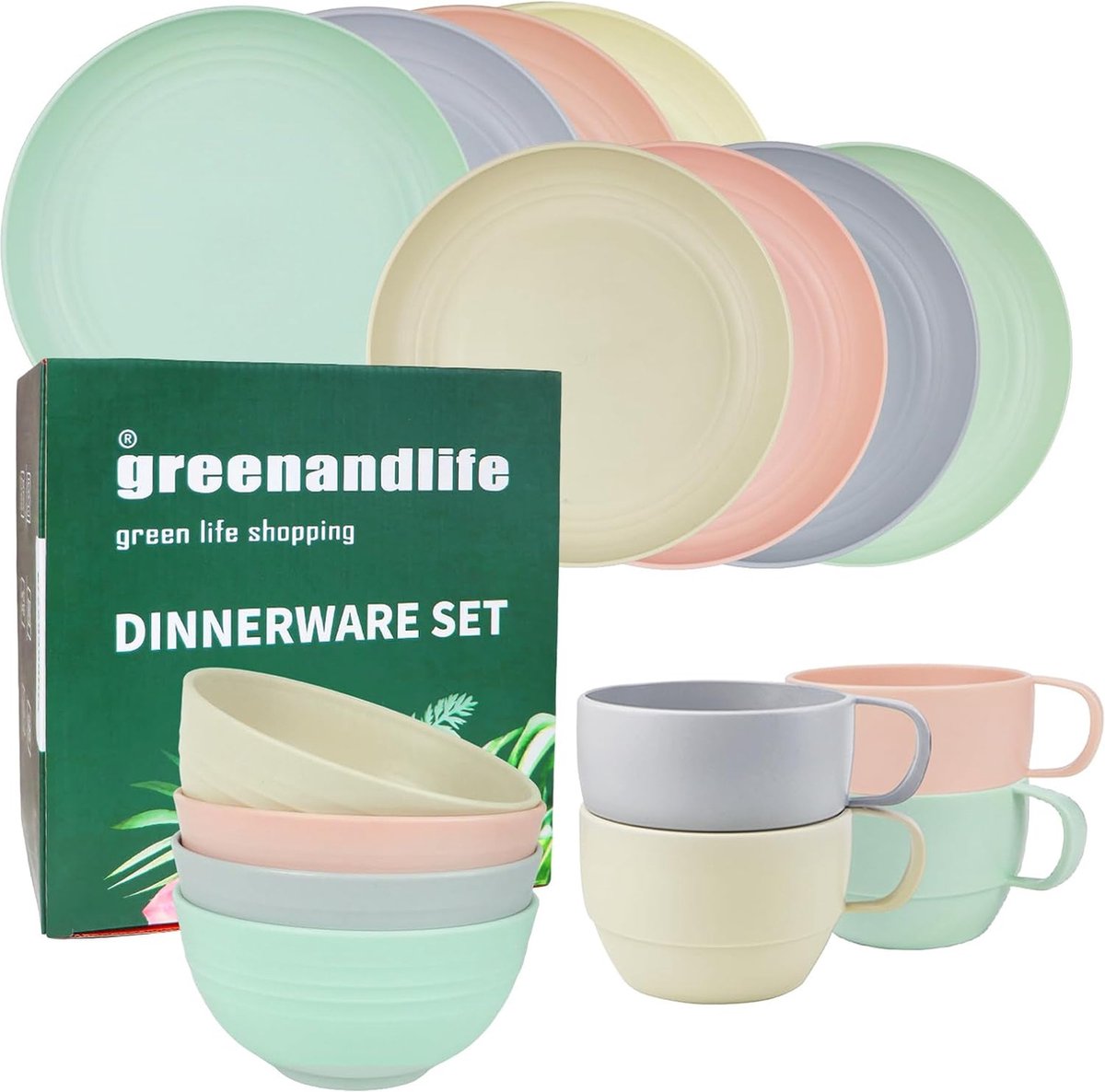 Image of 16-delige kunststof serviesset, onbreekbare campingborden en kommen, servies voor 4 personen, greenandlife, dinerbord, dessertbord, ontbijtgranenkom, beker, vaatwasser en vaatwasser