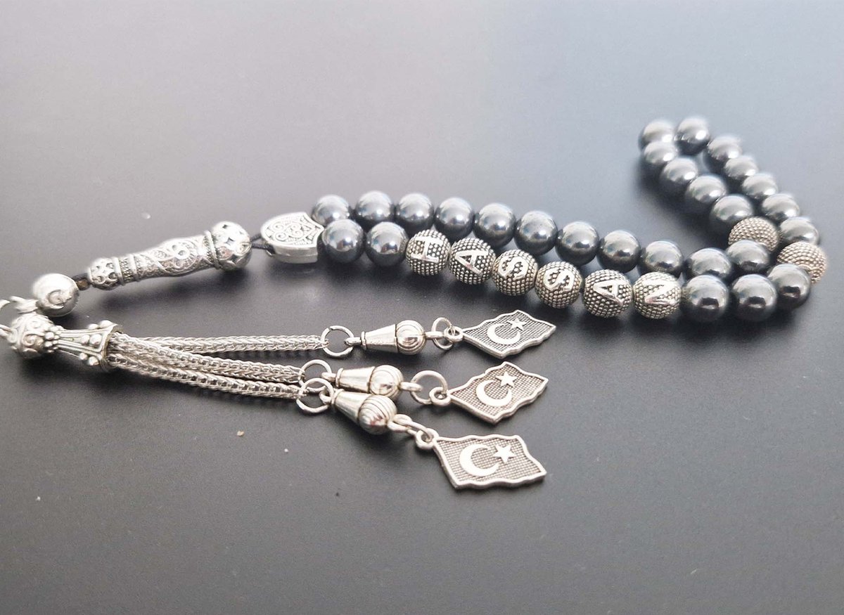 Handgemaakte naam tasbih 33 Kralen Natuursteen “Hematiet ” - met metaal tassel “Turkiye"- Met je naam of de naam van uw geliefde- 8 mm diameter van de korrel