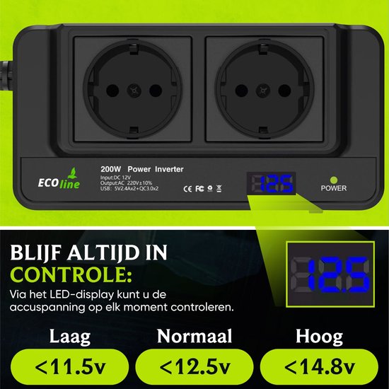 EcoLine 200W power inverter met twee stopcontacten en blauw LED-display dat de accuspanning toont.
