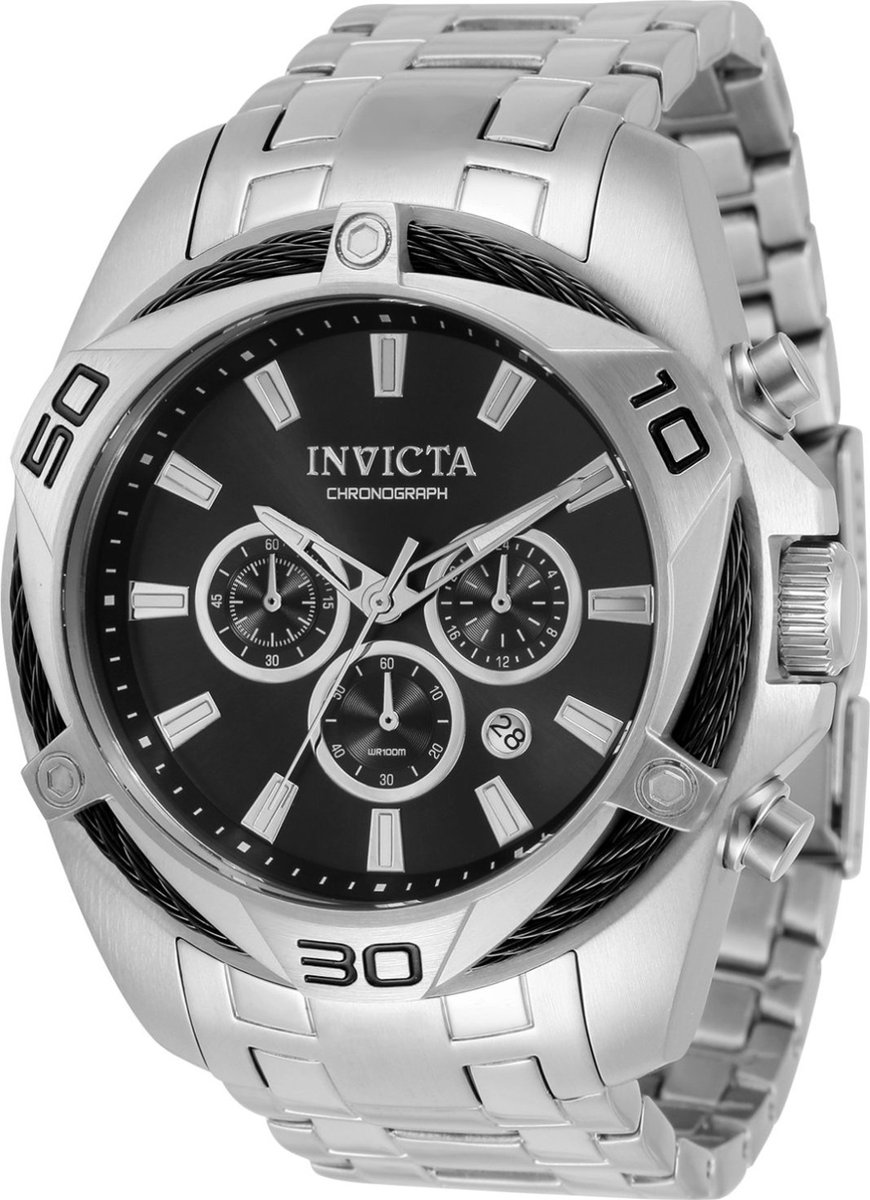 Invicta Bolt 32372 Heren Horloge - Waterdicht - Analoog - Quartz Uurwerk - Roestvrij Staal met zwarte Wijzerplaat -50mm