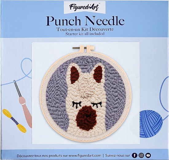 Figured'Art Punch Needle Kit voor Volwassenen en Kinderen - Kleine Lama - Perfect voor Beginners. Compleet klaar-om-te-borduren set, maat 20x20 cm met ronde frame