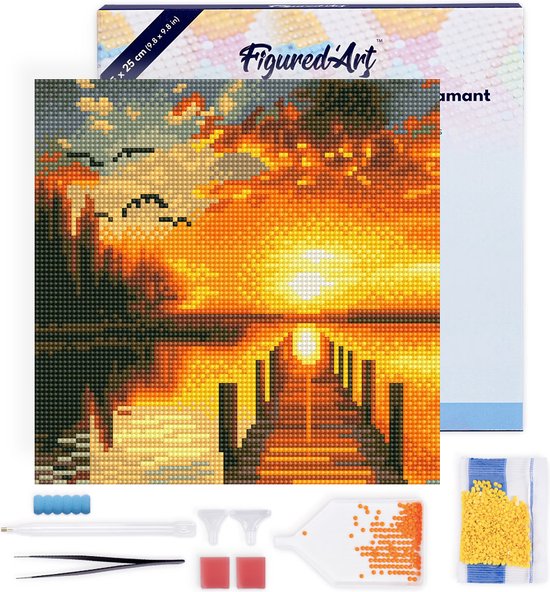 Figured'Art Mini Diamond Painting set Volwassenen 25x25 cm met lijst Gouden Meer Zonsondergang - 5D DIY Art full drill ronde diamant - Canvas al ingelijst