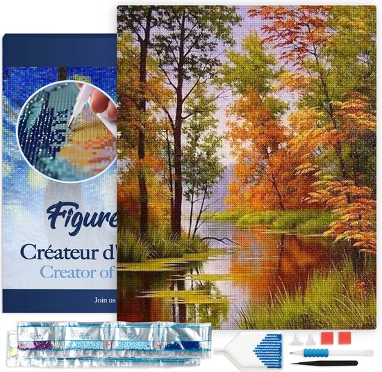 Figured'Art Diamond Painting set Volwassenen 40x50 cm met lijst Meer in de herfst - 5D DIY Art full drill vierkante diamant - Canvas al ingelijst