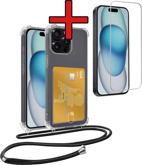 Coque adaptée pour iPhone 11 Pro avec cordon de téléphone et porte-cartes avec protecteur d'écran en Siliconen – Coque adaptée pour iPhone 11 Pro avec porte-cartes résistante aux chocs – Transparente