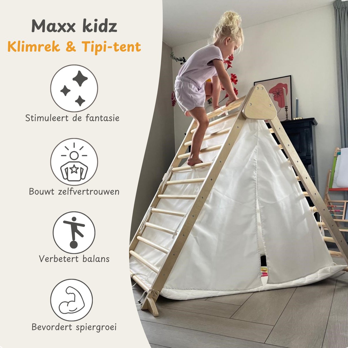 Maxx kidz - Houten Klimrek- 2 in 1 - Pikler Speeltoestel voor Binnen en Buiten - Tipi tent - Klimdriehoek met Doek - Tipi tent met klimrek - Hout Peuter Speelgoed — afbeelding 2
