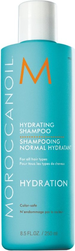 Grote turquoise fles Moroccanoil Hydrating Shampoo, 250 ml. Voor alle haartypes.