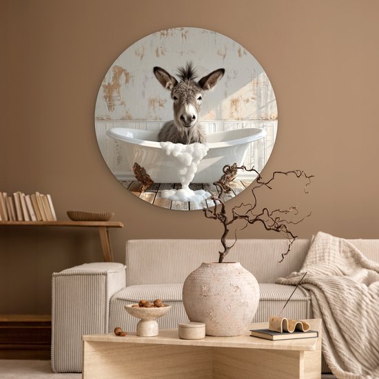 WallCircle® Wandcirkel 90x90 cm - Muurcirkel Ezel - Dieren - Badkuip - Schuim - Humor - Badkamer - Muurdecoratie woonkamer - Wanddecoratie slaapkamer - Kamer decoratie accessoires - Ronde schilderijen - Woonaccessoires binnen cirkel