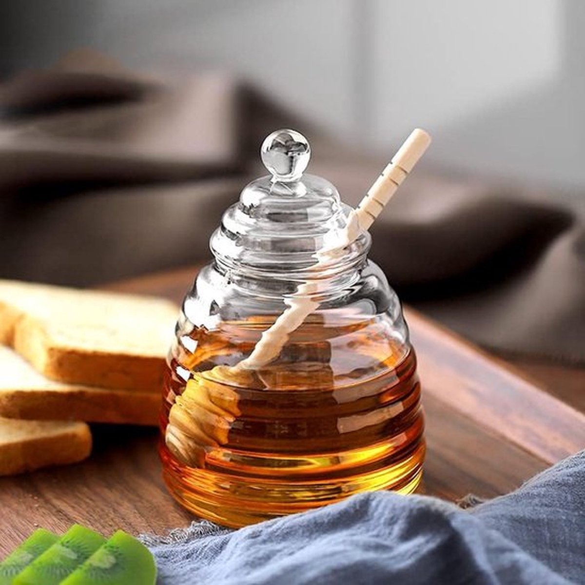 Chingcoo Pot à Miel 500 Ml Avec Cuillère Et Couvercle En Bois - Distributeur Verre Borosilicate
