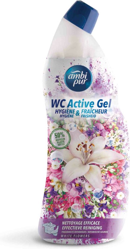 Ambi Pur WC Active Gel met 'White Flowers' geur. Fles met bloemenprint.