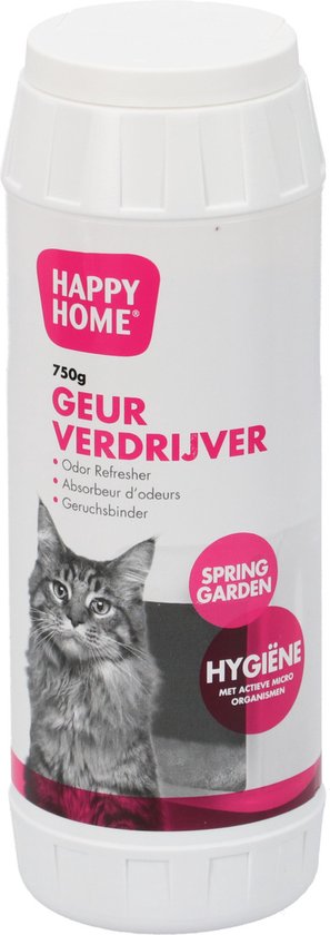 Witte fles met rode en roze opdruk, met afbeelding van een kat en tekst 'HAPPY HOME GEUR VERDRIJVER SPRING GARDEN'.