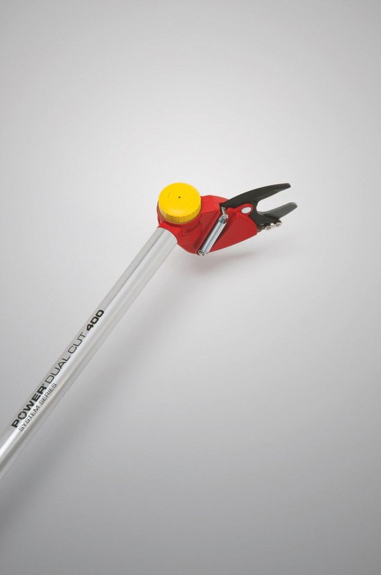 Grijze telescoopsteel met rode snijkop, gele knop en tekst 'POWER DUAL CUT 400'.