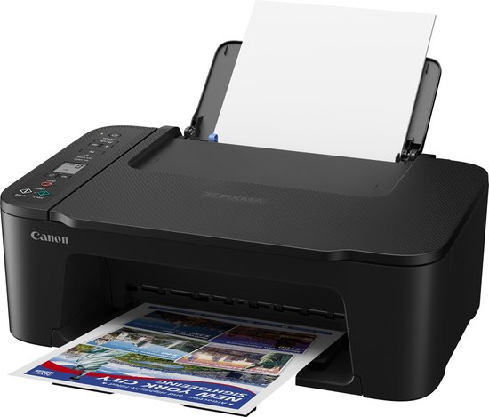 Zwarte Canon Pixma printer met papier in de in- en uitvoerlade.