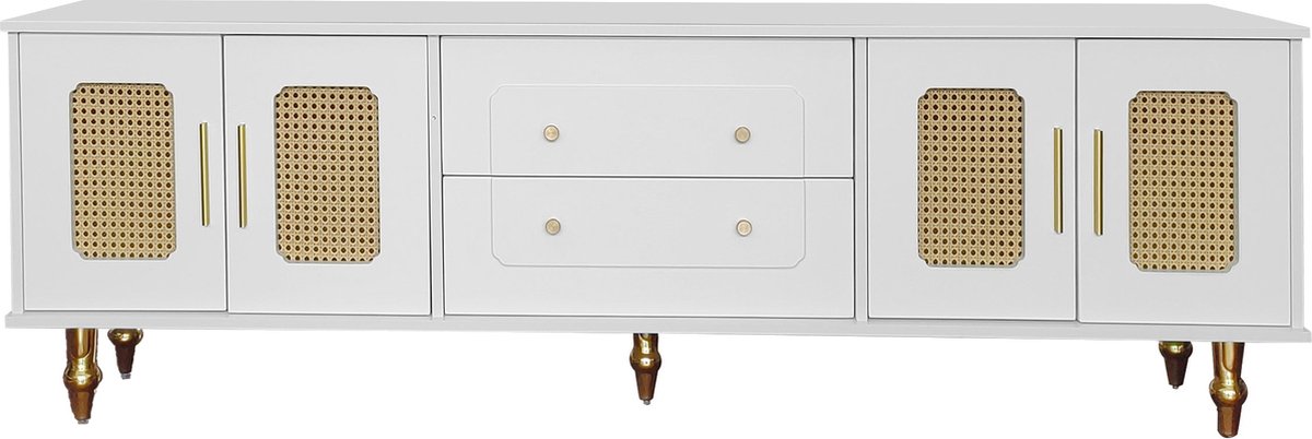 Merax TV Meubel 175 cm – Wit met Rotan-look Deuren en Gouden Poten - Kast met 2 Lades