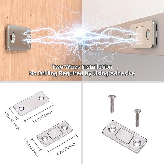 Magnetische kastdeur, 4 stuks, ultradunne deurmagneet, roestvrij stalen magneten voor kasten, zelfklevende magneetsluiting voor keukenkasten, laden en kledingkasten, zilver