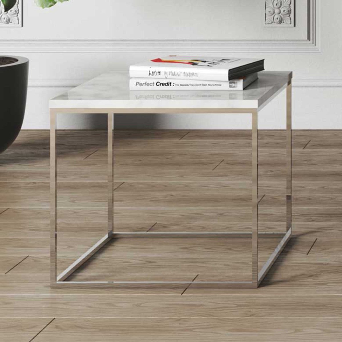 Bijzettafel Gleam 50x50 - Wit Marmer/chroom