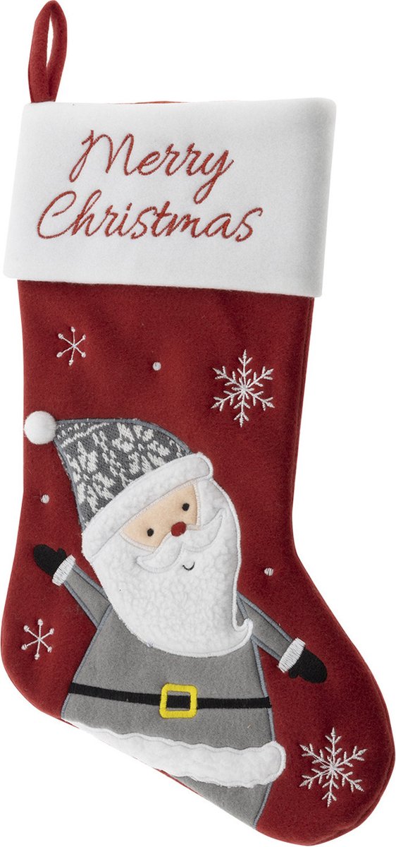 HI Decoratie kerstsok - rood - met kerstman - H45 cm - velvet - Merry Christmas