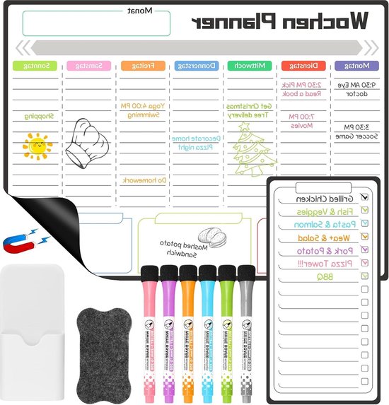 SB Pack Magnetische maandkalender voor de koelkast, A4, weekplanner voor de koelkast, 4 premium markers 55 stickers, magnetische koelkastborden, de beste maandplanner