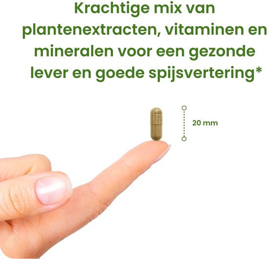 Vinger die een bruine capsule vasthoudt, met aanduiding van de grootte van 20 mm.