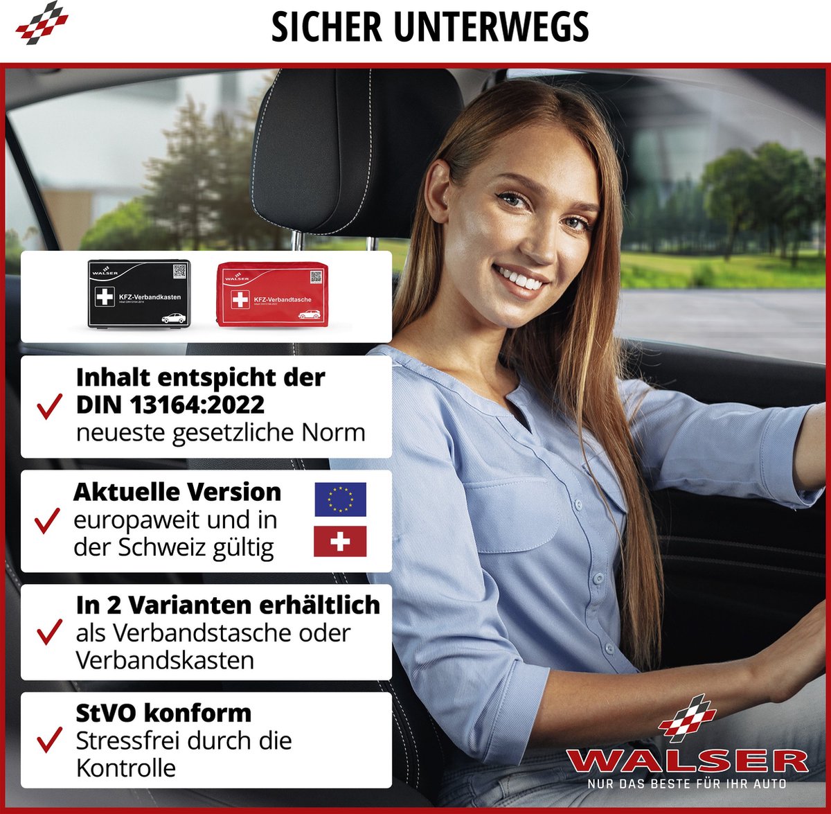 Walser Trousse De Secours Voiture DIN 13164:2022 - Kit Urgence Automobile Complet Rouge