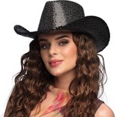 Chapeau de Cowboy Western Noir Argenté Pailleté pour Femmes - Frange en Strass, Ajustement Réglable, Taille Unique, Polyester, Accessoire de Fête