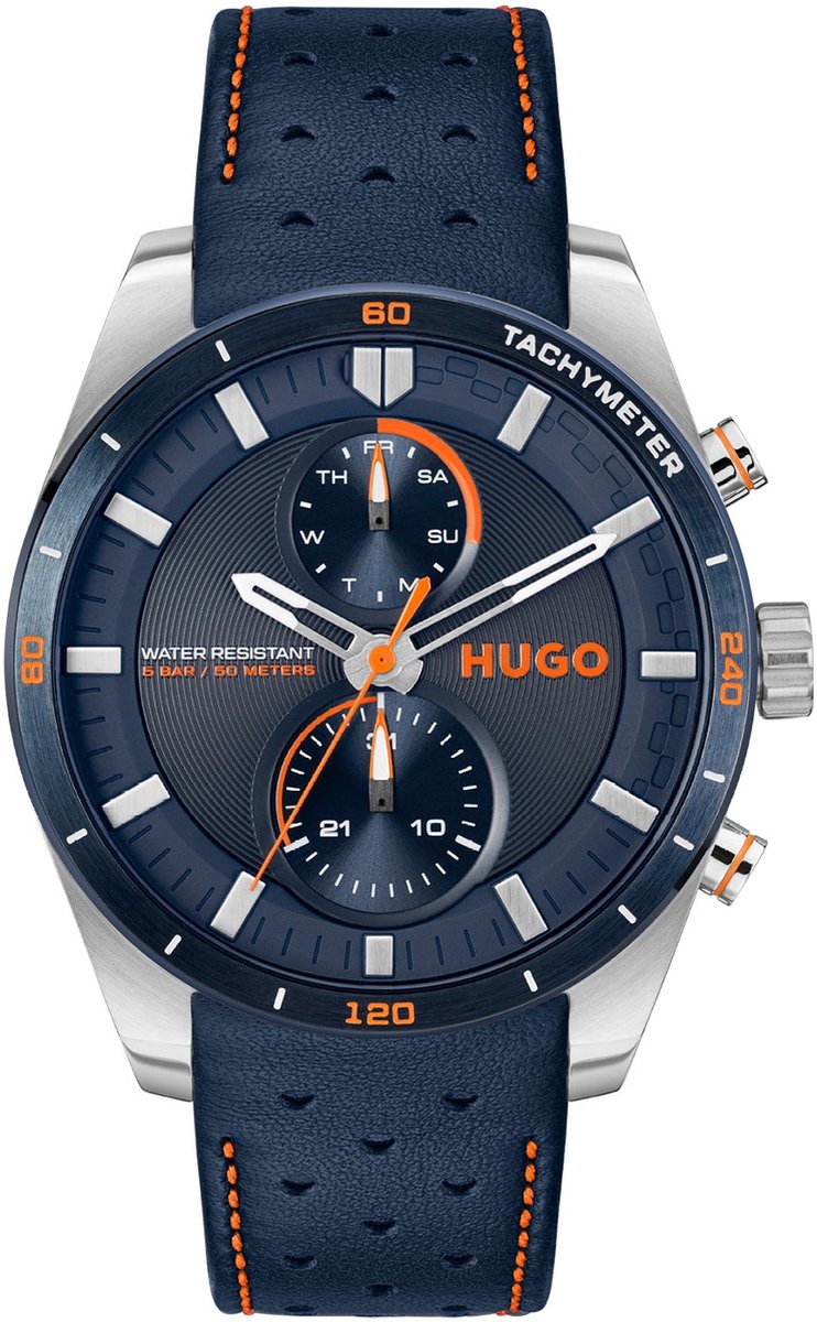 HUGO HU1530371 #FAST Heren Horloge - Mineraalglas - Staal-Leer - Blauw-Zilverkleurig - 44 mm breed - Quartz - Gesp - 5 ATM (douchen)