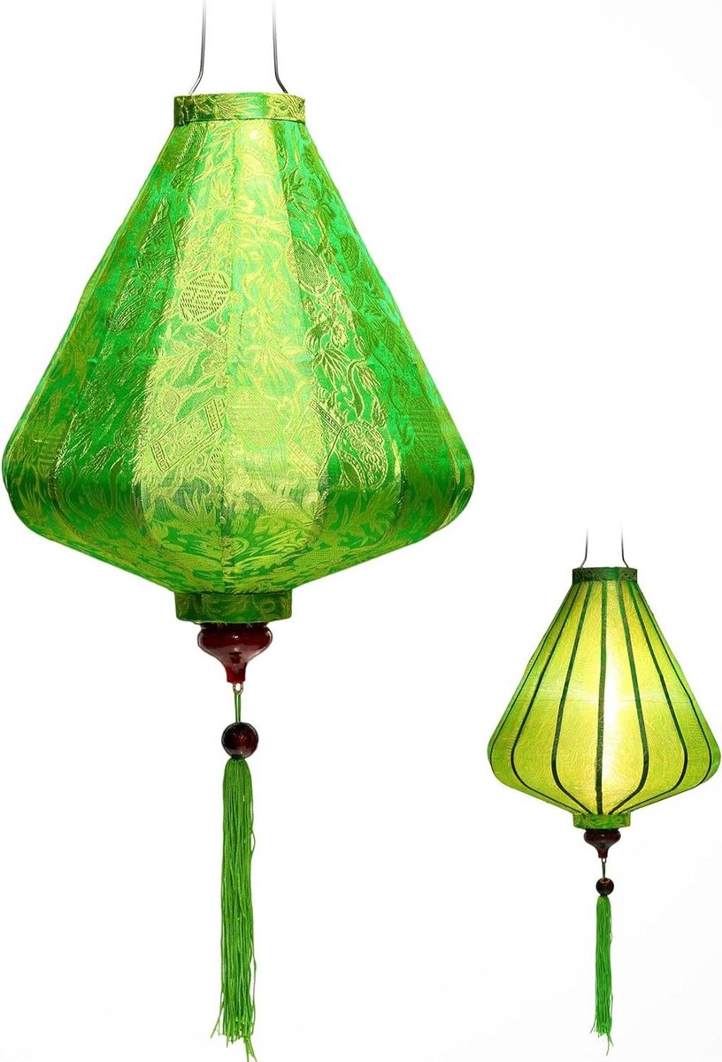 Aziatische zijde groene Lantaarn Ø 35 cm - Kroonluchter hanglamp bamboe en hout - Vietnam handwerk - decoratie - A25-V