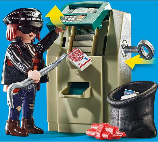 Figuur met crowbar en geldzak bij een geldautomaat met eurobiljetten.